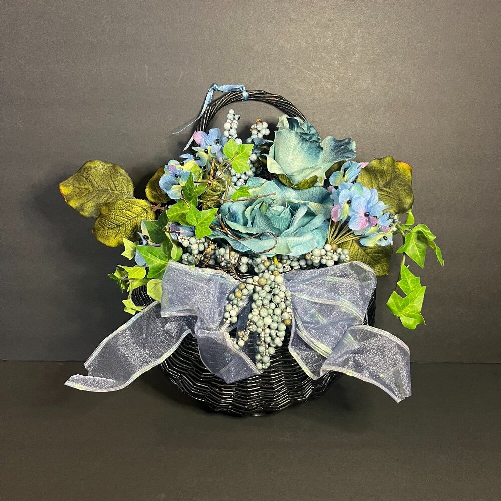 Hand Crafted Door Wall Hanging Wicker Basket w/ Blue Floral Roses & Myosotis
